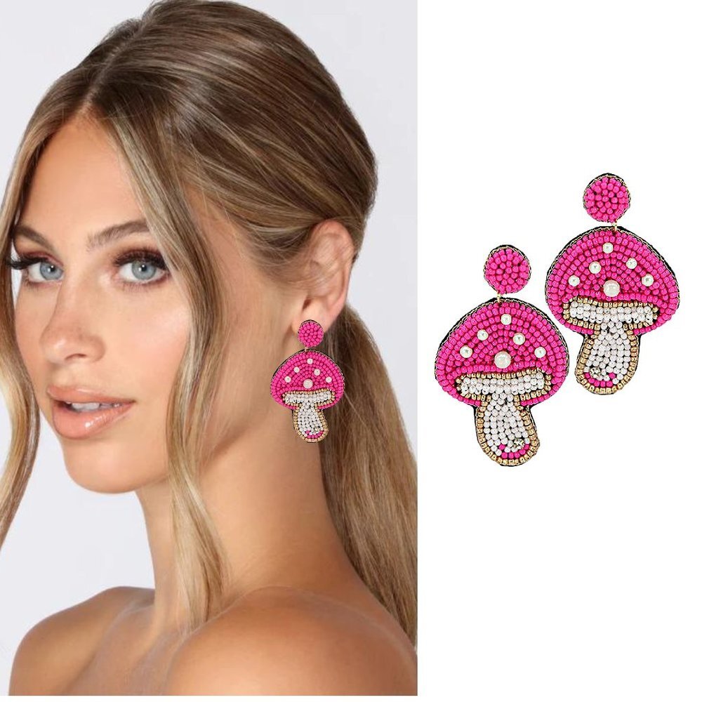Pink Seed Beaded Whimsical Botanical Theme Mushroom Earrings NEW